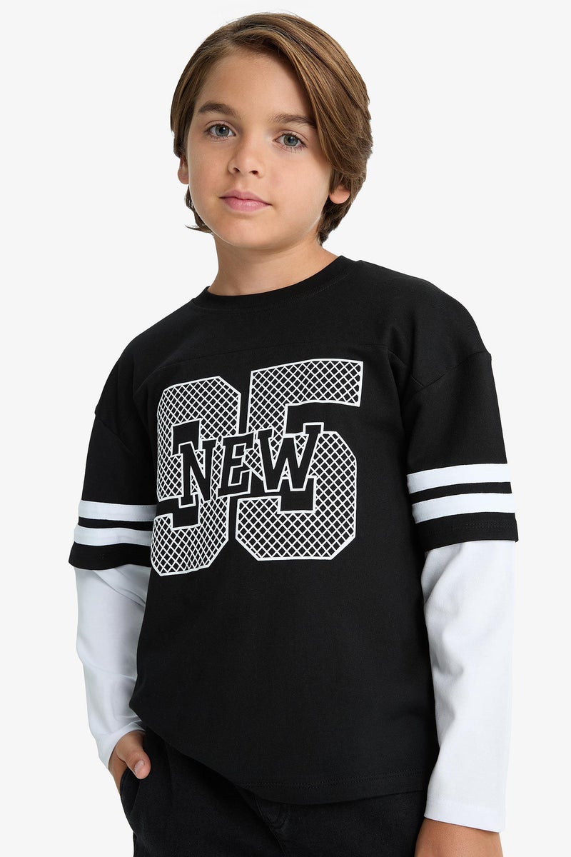 ديفاكتو تيشيرت اولادي اوفر سايز كم طويل مطبوع برقبة مستديرة - Image 3